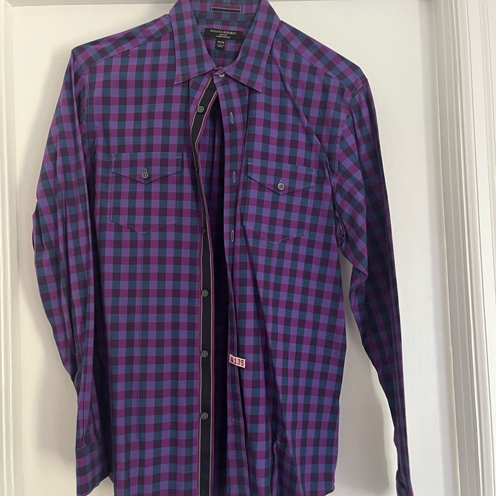 Banana Republic Men's Purple and Blue Plaid Shirt
